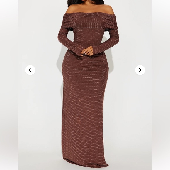 Fashion Nova Dresses & Skirts - Embellished Brown Maxi Off-Shoulder Dress
